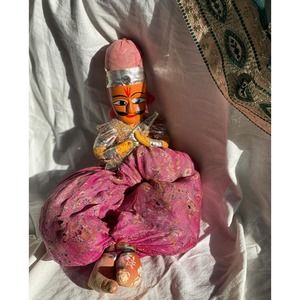Vintage Handmade Indian Doll, Rajasthani puppet, kathputli, cultural art, pink